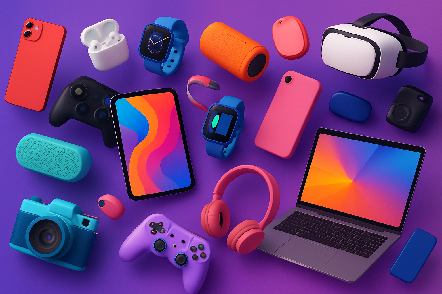 a colourful picture of a purple gradient background with a lot of gadgets